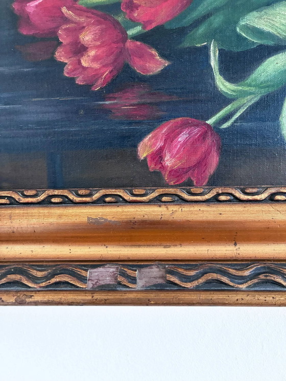 Image 1 of Vintage original flower oil painting, tulips still life art