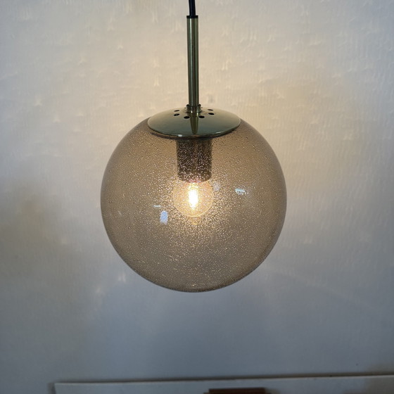 Image 1 of Limburg Glashütte Brass Smoked Glass Ball Pendant Hanging Lamp, 1970s