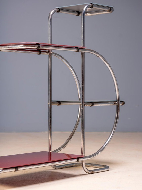 Bauhaus Tubular Steel Plant Stand by Emile Guyot for Thonet, Colored Glass Shelves, 1930s, Czechoslovakia, 90 (photo 5 of 6)