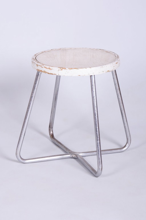 Sgabello Bauhaus restaurato, di Mücke-Melder, Faggio, Cromo, Acciaio, Ceco, anni '30