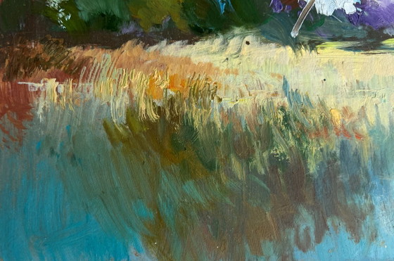 Image 1 of Dipinto ad olio originale, paesaggio costiero con campi e tre barche sul fiume.