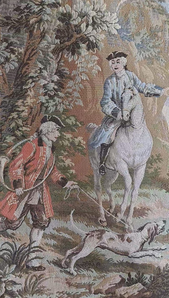 Image 1 of Large custom-made Jules Pansu French tapestry with 18th-century royal hunting scene 'en Forêt de Compiègne' 390 x 157 cm