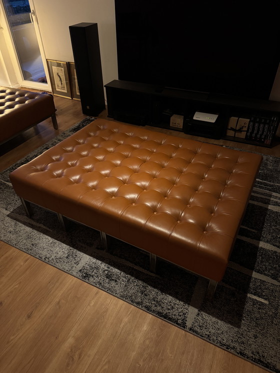 Image 1 of Large Tufted Leather Ottoman / Bench – Mid-Century Style – Cognac – 150 cm