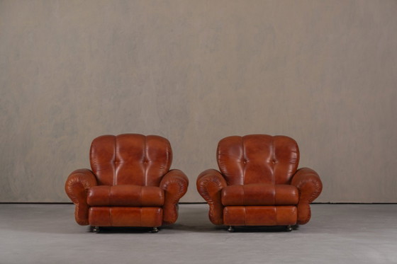 Image 1 of Fauteuils club italiens vintage en similicuir cognac, Italie, années 1970, lot de 2