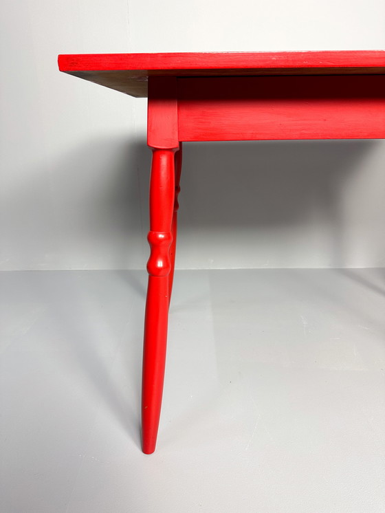 Image 1 of Vintage Set Of 3 Mid-Century Red Lacquered Chairs With Table 