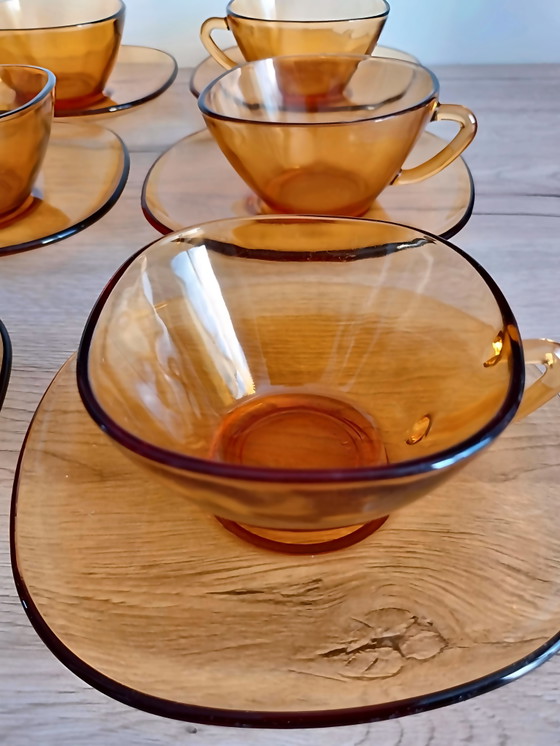 Image 1 of Vintage Vereco France Amber Glass Coffee Cups & Saucers — Set of 6
