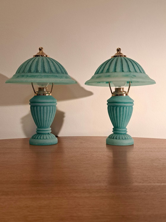 Image 1 of 🔵🟡 2 Vintage Glass & Brass Table Lamps – Turquoise – Excellent Condition