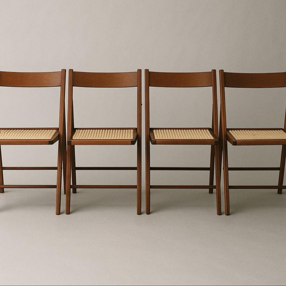 Image 1 of 4 x Chaises pliantes en bois cannées Mid Century - design italien avec cannage en sangle