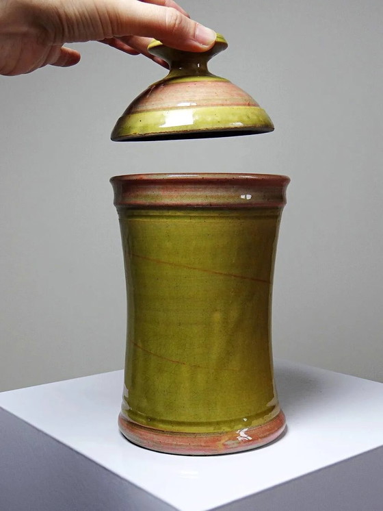 Scatola per spezie decorativa in gres smaltato bicolore vintage, fatta a mano e firmata., Stoviglie, Giallo (foto 4 di 15)