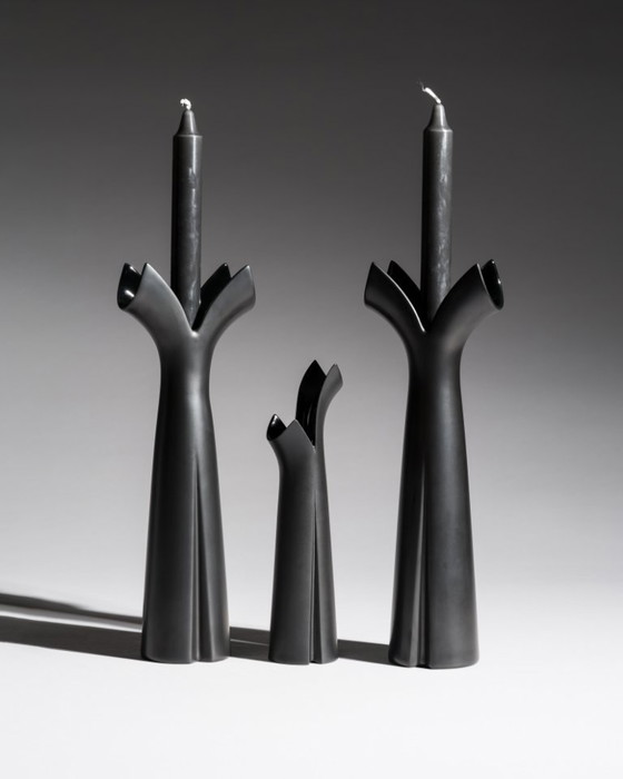 Image 1 of Lino Sabattini Rosenthal "Pianta" Porcelaine Noire Chic Portacandele Duo e Vaso