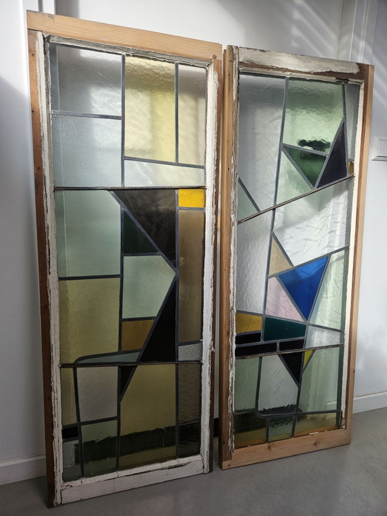 Set of antique Art Deco stained glass windows 50x130 cm., Decorative Objects, Metal, Wood, Multi Color (photo 12 of 14)
