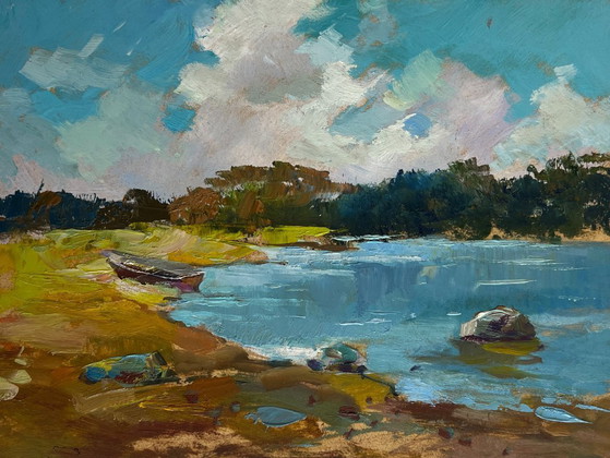 Image 1 of Original Oil Painting Summer River Landscape Summer harmony of water and sky