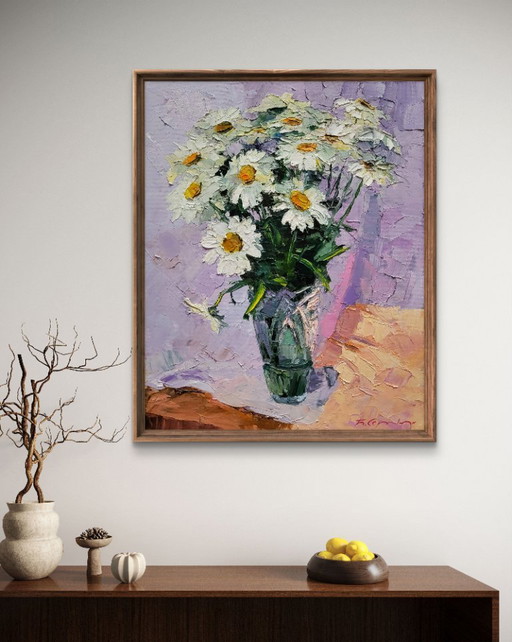 Original Oil Painting Floral Still Life Flowers in a Vase Bouquet of Daisies – schilderijen tekeningen, Canvas (photo 2 of 7)