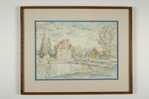 Ballerand Estate - Framed watercolor drawing.