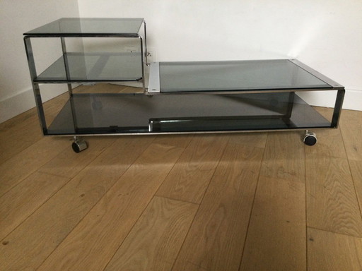 Salontafel / Laag kastje, Italiaans design in gerookt glas en staal