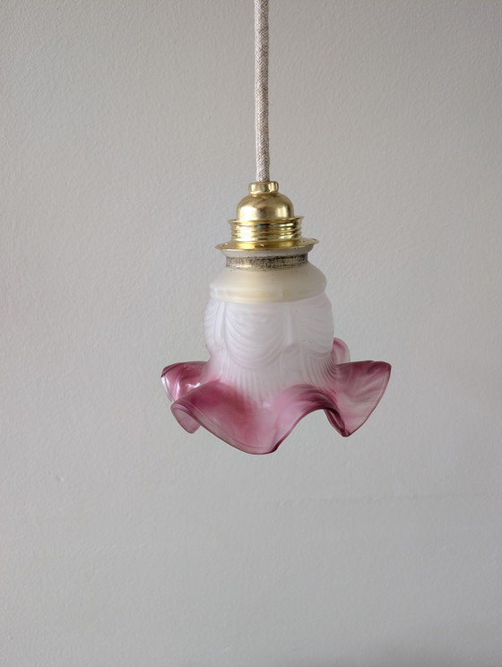 Image 1 of beautiful unique small vintage pendant lamp opaline shade pink ruffled edge