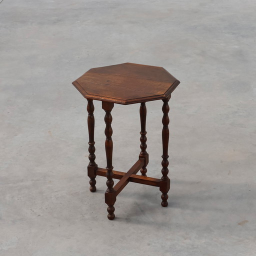 Mid-Century French Hexagonal Turned Legs Oak Side Table, France 1940s