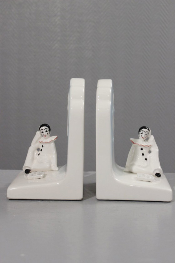 Image 1 of Pair of vintage earthenware bookends, Pierrot de la Lune design, 1980s