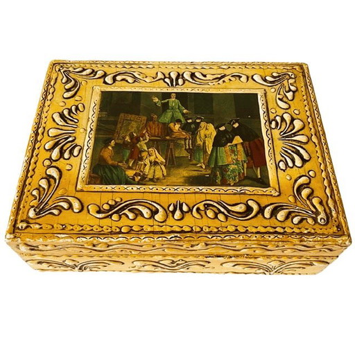 Joyero italiano antiguo de madera con relieve de yeso, barroco, década de 1950. – decoratieve objecten, Ceramic, Wood