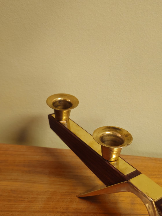 Image 1 of Vintage Teak Teak Wood Brass Candlestick Candle Holder