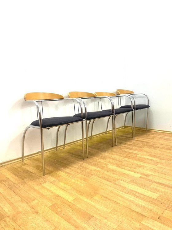 Image 1 of Set of 4 Chrome and Wood Chairs, Italy, 1980s