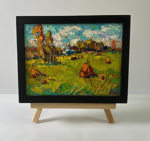 Original Oil Painting Summer Nature Landscape Sunny Day In The Field