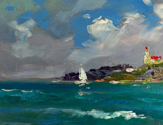 Image 1 of Original Oil Painting Summer Coastal Landscape Sailboats at sea and rocky shore