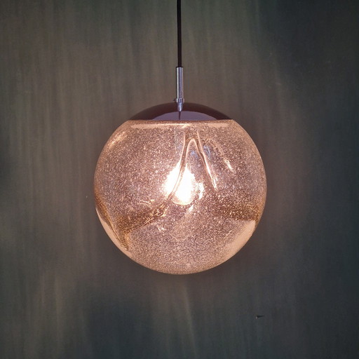 Vintage Space Age Hanglamp – Hustadt Leuchten – Glas & Verchroomd Metaal – Ø 30 cm – Jaren 70