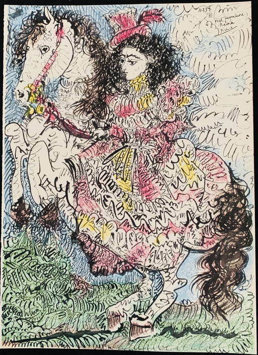 Pablo Picasso originele kleuren lithografie, Jacqueline op een paard. Gesigneerd en gedateerd in de plaat. 