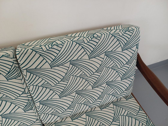 Image 1 of Arne Wahl Iversen voor Komfort 3-zits Scandinavische vintage bank in teak en stof uit de jaren 60