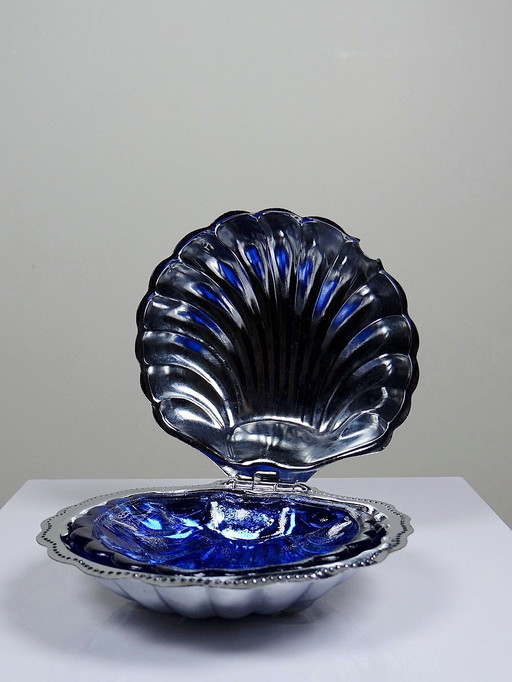 Beurrier Coquillage Métal Argenté et Verre Bleu Vintage 60-70