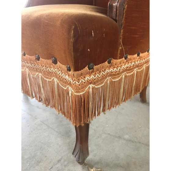 Image 1 of Fauteuil en noyer recouvert de velours Dralon, fin du XXe siècle