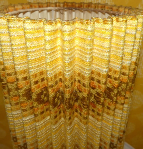 Image 1 of Table lamp 70s amber glass base light yellow patterned pleated shade vintage retro seventies space age flower power
