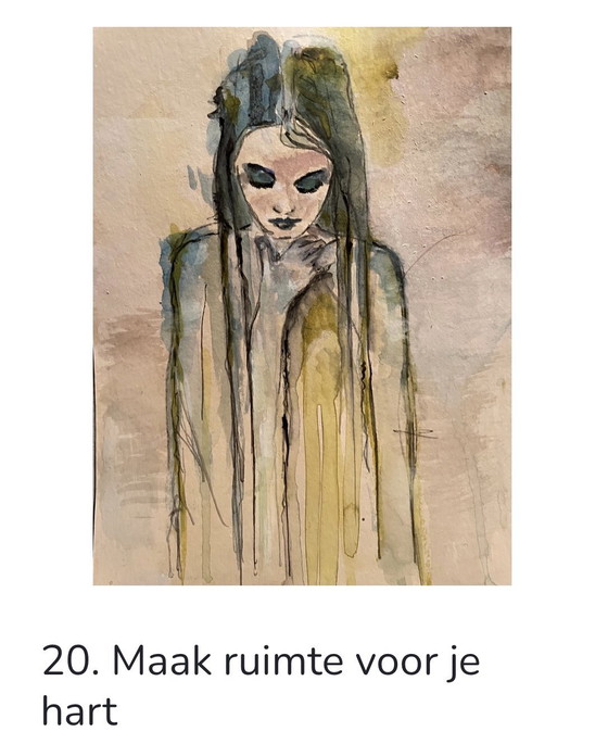 Image 1 of Aquarel ingelijst met passe-partout in antiek lijstje A4formaat titel:”Maak  Ruimte Voor Je Hart”