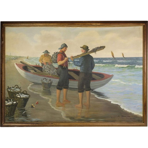 Vintage olieverfschilderij twee vissers met een boot en de zee, 1915-1929