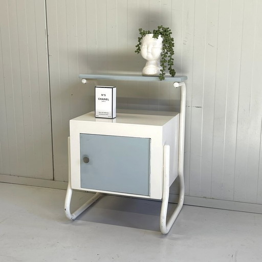 Table de chevet rétro métal/bois vintage sixties bleu/blanc