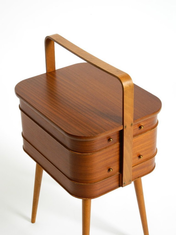 Image 1 of Beautiful original Mid Century teak sewing box with hinged compartments