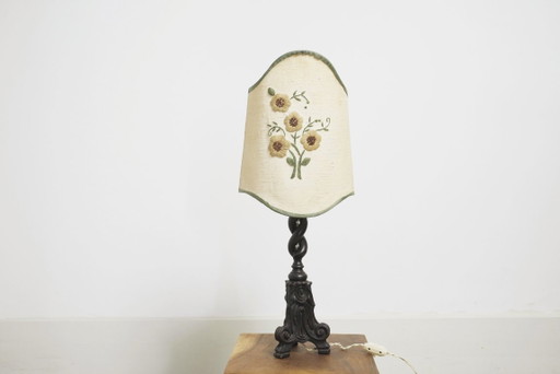 Vintage Carved Wood Barley Twist Lamp with Hand Embroidered Floral Shade and Acanthus Leaf Tripod Feet