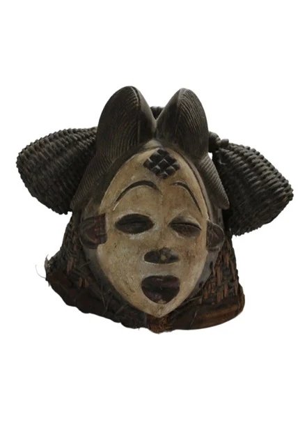 Antike Punu-Maske mit gewebter Kappe – Gabun