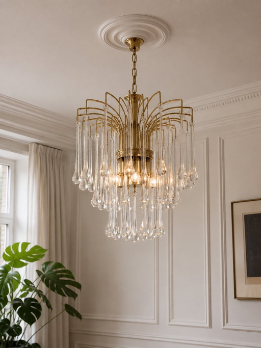 Lampadario vintage Murano a cascata – 56 gocce di vetro – Ottone – Design italiano anni '70 – kroonluchters (photo 2 of 5)