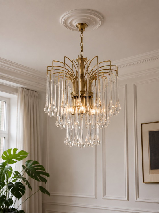 Lampadario vintage Murano a cascata – 56 gocce di vetro – Ottone – Design italiano anni '70 – Brass (photo 2 of 5)
