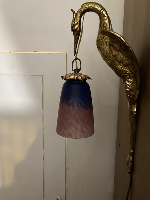 Gilt bronze crane wall sconce - A Cheuret and glass shade signed Scheider