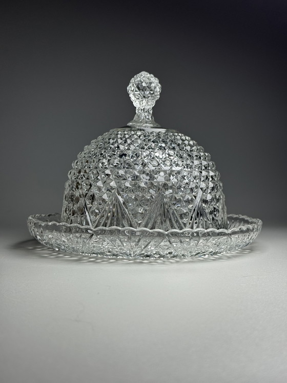 Image 1 of Campana para queso/mantequilla de vidrio prensado estilo Art Déco – Verreries de Scailmont, Bélgica, década de 1930