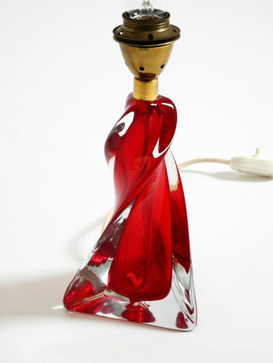Image 1 of Beautiful heavy mid-century modern table lamp made of solid crystal glass in red and transparent