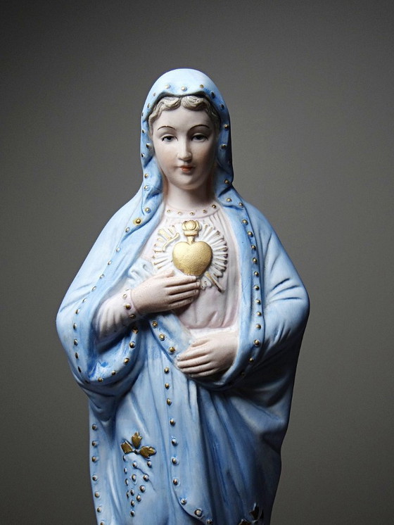 Image 1 of Grande sujet Sainte Vierge au Sacré Coeur en biscuit polychrome ancienne