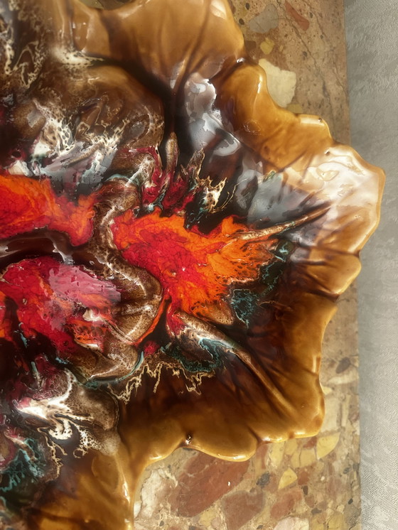 Image 1 of Vintage keramische fruitschaal of zaklepel Barbotine in blad toegeschreven aan Vallauris - 35/40 cm