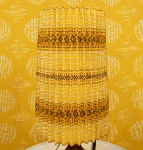 Image 1 of Table lamp 70s amber glass base light yellow patterned pleated shade vintage retro seventies space age flower power