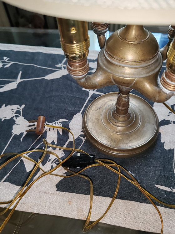 Ancienne Lampe Florentine en Laiton Électrifiée à 4 Lumières. – Textile, Brass (photo 2 of 5)