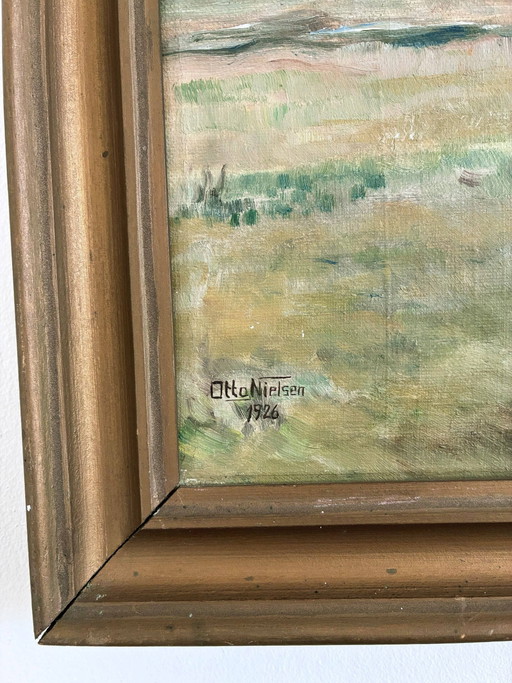 Peinture à l'huile originale ancienne représentant un paysage de campagne, signée.