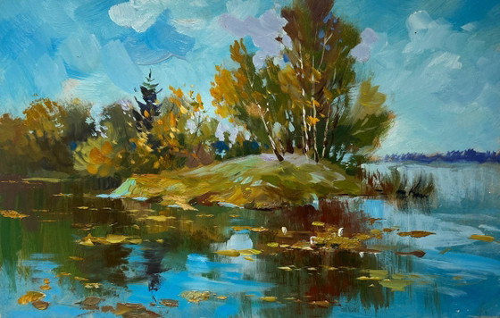 Image 1 of Original Oil Painting Summer Coastal Landscape The river washes the forest